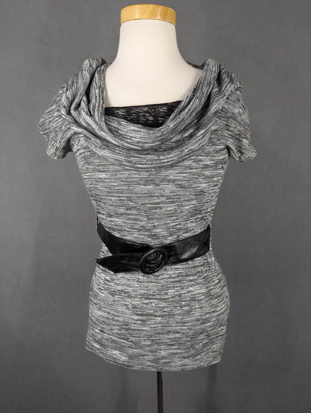 Myth Blouse Small Marbled Grey Cowl Neck Belted Vtg